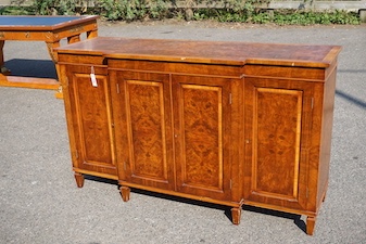 A reproduction George III style banded burr walnut breakfront side cabinet, width 154cm, depth 50cm, height 90cm